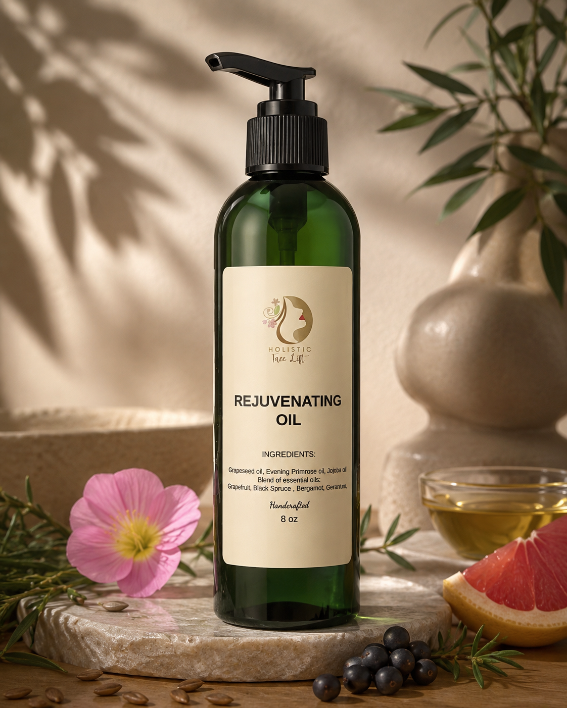 Professional Facial Massage Oil in an amber glass bottle on cream linen